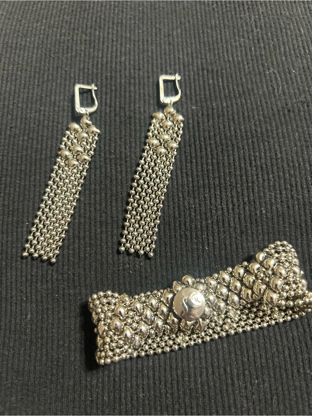 Sergio Gutierrez Liquid Metal Snap Bracelet W/ Matching Dangle Earrings.